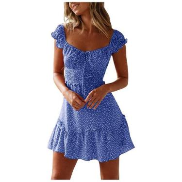 Imagem de Mulheres Costura Ruffled Floral Saia Manga Curta Lace-up Vestido de Ci