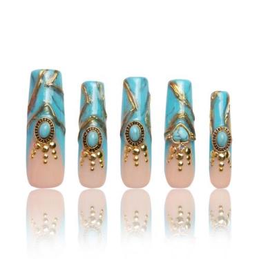 Imagem de Pressione as unhas LOVFUL Turquoise Blue French Tip