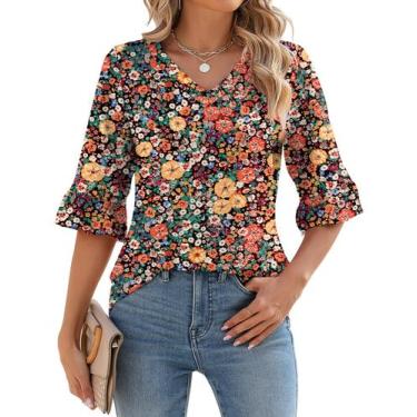Imagem de Blusa feminina LOMON, manga 3/4, decote em V, túnica floral, GG