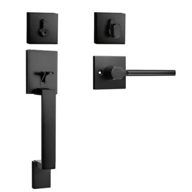 Imagem de Probrico Maçaneta de porta frontal preta fosca, maçaneta externa da porta frontal e conjunto de fechadura com fechadura de cilindro único, 1 conjunto