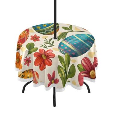 Imagem de CEBUGI Toalha de mesa redonda para uso ao ar livre, ovos de Páscoa, impermeável, com orifício Umberlla, capa de mesa lavável para pátio, cozinha, sala de jantar, 152 cm