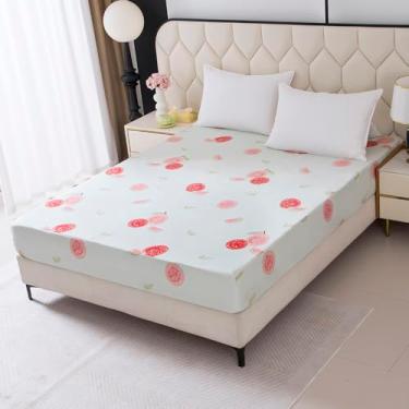 Imagem de NATURETY Lençóis de cama com elástico alto, tecido espesso estampado de frutas fofas (verde claro, casal)