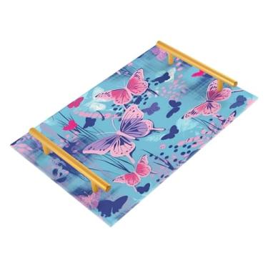Imagem de Wassud Borboletas em fundo azul bandeja de banheiro acrílico joias bandejas de perfume com alça de maquiagem bandeja de cômoda quarto cozinha balcão mesa, 30 x 20 cm