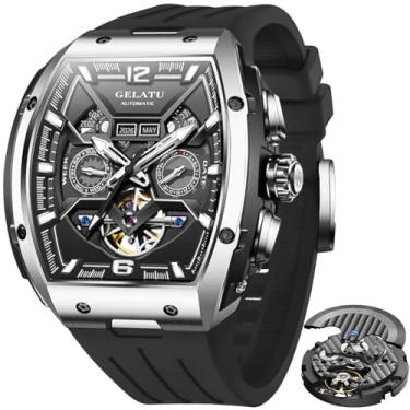 Imagem de OLEVS GELATU Relógio masculino turbilhão automático, relógio de pulso esqueleto, mecânico, corda automática, 50 m, à prova d'água, cristal de safira, relógios masculinos quadrados, amarelo/branco