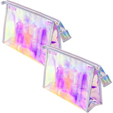 Imagem de Pacote com 2 sacos de maquiagem holográficos a granel, bolsa iridescente portátil com zíper, suporte de pincel de maquiagem para viagem, organizador de maquiagem, cosméticos à prova d'água