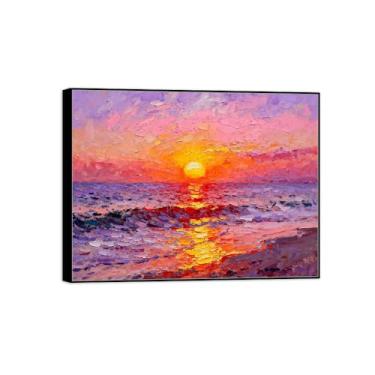 Imagem de Impressão em tela de paisagem com moldura preta - Pôr do sol do mar - Pintura de decoração - Imagens para quarto 30 x 40 cm 12 x 16 pol