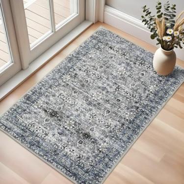 Imagem de Tapete vintage 2х3, suporte antiderrapante, lavável, resistente a manchas, supermacio, envelhecido, tapete persa, ideal para áreas de alto tráfego na entrada, quarto, sala de estar, cozinha, cinza