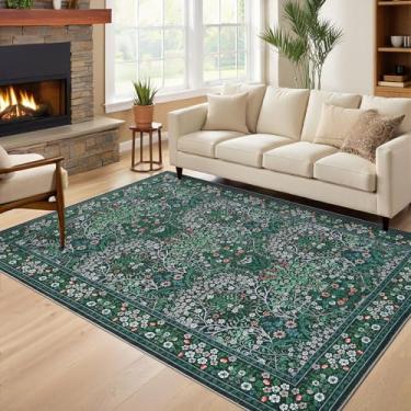 Imagem de GarveeHome Tapete floral lavável, 12 x 18 cm, verde, antiderrapante, boho, para banheiro, macio, pequeno, tapete para porta interna, tapetes botânicos para quarto de estar, verde escuro