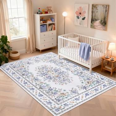 Imagem de GarveeHome Tapete floral de 10 x 15 cm para berçário, lavável à máquina, tapetes botânicos vintage, com borda de flores, antiderrapante, tapetes florais de pelo baixo para sala de estar, quarto, sala