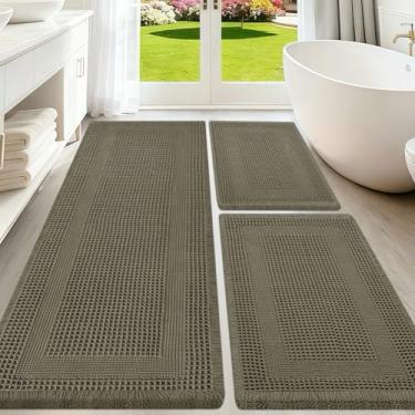 Imagem de Conjunto de tapetes de banheiro de waffle atualizados de 3 peças verde-acinzentado, super absorventes, antiderrapantes, de secagem rápida, tapetes de banheiro com borlas, laváveis na máquina, tapetes