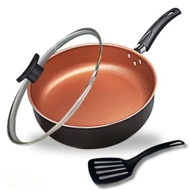 Imagem de Frigideira Alta Funda Grande 24 cm Antiaderente Teflon com Tampa de Vidro e Espátula Nylon panelas e frigideiras Caçarola para Feijoada, Compatível com Todos os Fogões(Cobre/Terracota)