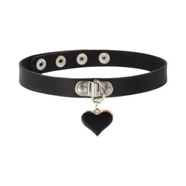 Imagem de Colar Choker Punk Preto Para Mulheres Em Couro PU Com Coração, Cadeado