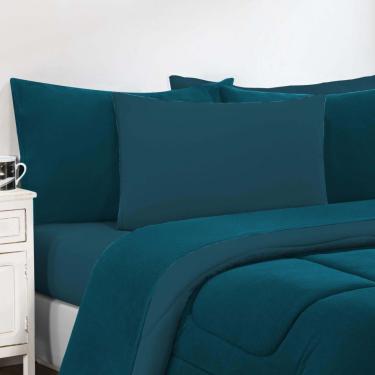 Imagem de Kit Edredom + Jogo De Lençol Malha 100% Algodão Gran Moratta 6 Peças Queen - Azul Petróleo/Azul Petróleo