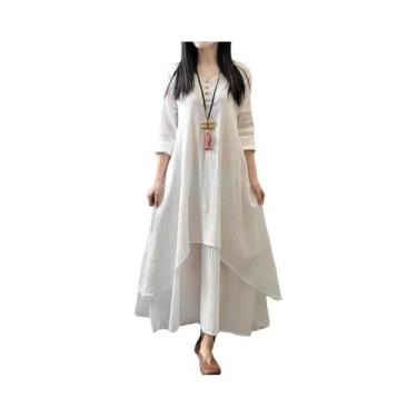 Imagem de Vestido Vintage plus Size Em Algodão E Linho, Casual, Solto, De Manga 