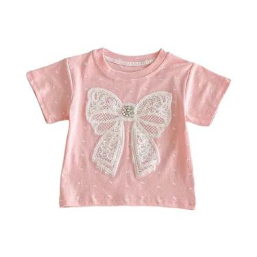 Imagem de Camiseta De Verão Para Meninas Com Laço De Pérola E Manga Curta, Top V
