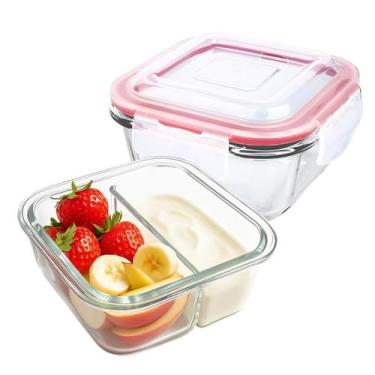 Imagem de Potes De Vidro 300ml 2 Divisórias Hermético Marmita Fit Com Trava Quad