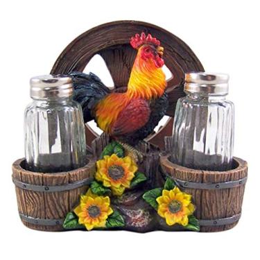 Imagem de DWK Galo com roda de vagão e girassóis decorativo para guardanapos e suporte de especiarias com conjunto de coqueteleira (3 peças) | Decoração de cozinha country | Acessórios de mesa de sala de jantar - 15 cm