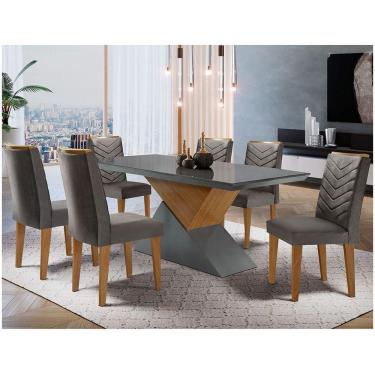 Imagem de Mesa Aster 180 Tampo Em Mdf E Vidro Com 6 Cadeiras Liz Moderna Grafite Com Imbuia