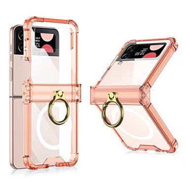 Imagem de Para Samsung Galaxy Z Flip 4 Estojo magnético de carregamento sem fio Suporte de anel transparente Dobradiça dobrável Capa traseira à prova de choque, Rosa laranja, Para Galaxy Z Filp 4
