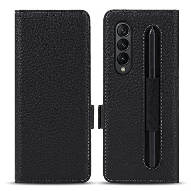 Imagem de LVCRFT Capa carteira para Samsung Galaxy Z Fold 3, capa de couro genuíno premium, com compartimento S Pen, compartimento para cartão, capa protetora magnética, preta