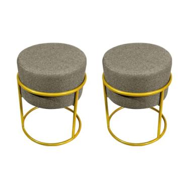 Imagem de Kit 2 Puffs Decorativos Redondo Base De Ferro Dourada Tecido Linho Bege