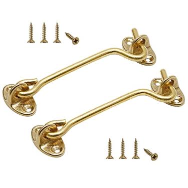 Imagem de Kyuionty 2 peças de fechadura de porta de celeiro de latão sólido 10 cm, fecho de gancho e olhal para privacidade, trinco espesso para porta de celeiro, cerca de madeira, janela, cabine, armário (ouro)