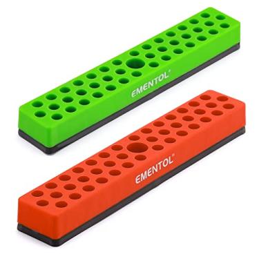 Imagem de EMENTOL Conjunto de 2 peças de suportes magnéticos de 1/4" - laranja e verde, orifício de 86 peças, organizador de bits com ímã forte, organizador de pontas magnéticas, 2 peças
