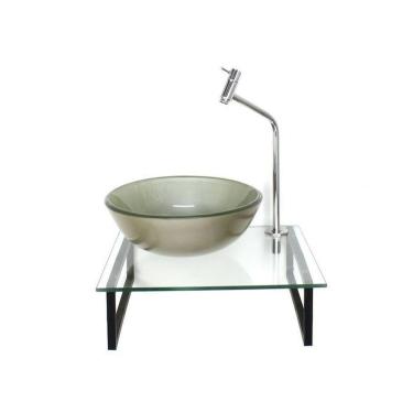 Imagem de Kit Cuba de Vidro Redonda 1cm Tampo 40cm com Suporte Torneira Valvula Champanhe