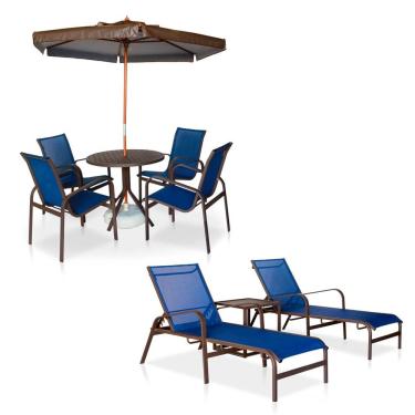 Imagem de Conjunto 1 Mesa + 4 Cadeiras + 2 Espreguiçadeiras + 1 Mesinha De Centro + 1 Ombrelone - Marrom Azul