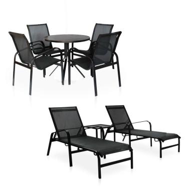 Imagem de Conjunto 1 Mesa + 4 Cadeiras + 2 Espreguiçadeiras + 1 Mesinha De Centro De Alumínio - Preto