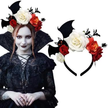 Imagem de Ncozwo Faixa de cabelo de Halloween com rosas de morcego e flores, coroa de cabeça de fantasma gótico, noiva, rainha, acessório de cabelo de demônio (branco, grande)