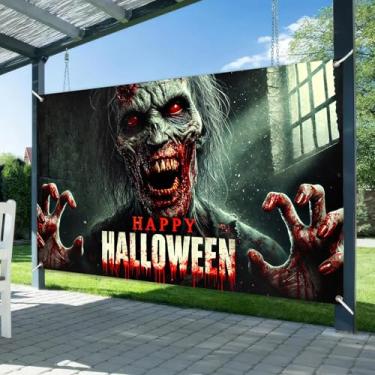 Imagem de BlissYard Banner de Halloween 188 x 109 cm com design de monstro sangrento, sinal de feliz dia das bruxas para decoração de parede de casa assombrada, pano de fundo para festa ou quintal
