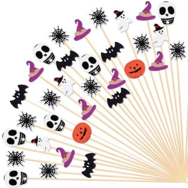 Imagem de MEMOVAN Palitos de dente de Halloween para aperitivos 100 peças palitos de coquetel de Halloween fantasma abóbora aranha boo morcego palitos de frutas para festa de Halloween bolo sobremesa comida