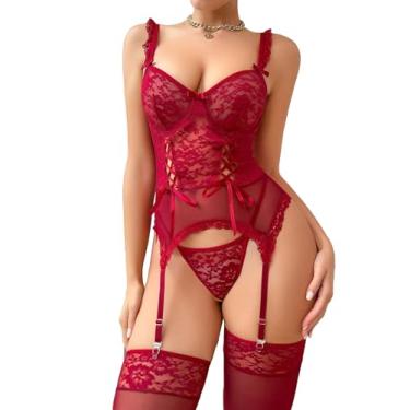 Imagem de OYOANGLE Conjunto de lingerie feminina de malha de renda floral, body babydoll com cinta-liga, Borgonha, P