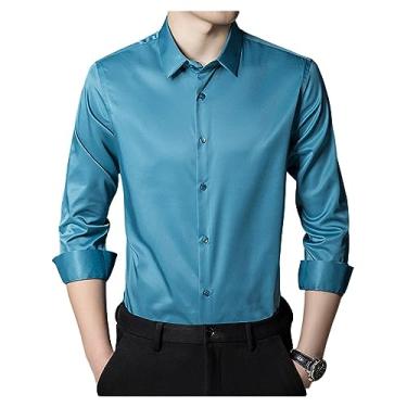 Imagem de Camisa social masculina elástica gola lapela manga longa camisa formal seda não passar a ferro, Cor 11, 3G