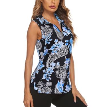 Imagem de Koscacy Camisa polo feminina de golfe de manga comprida UPF50+ meio zíper dry fit para treino, Preto Azul Floral - C, M