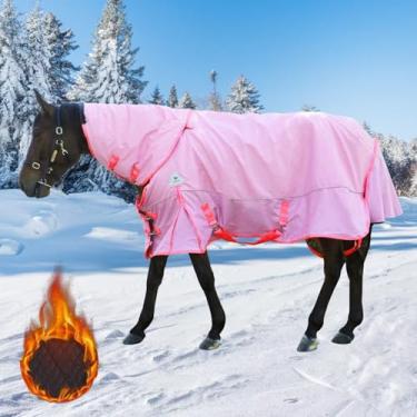 Imagem de Cobertor para cavalos, lençol de cavalo espesso à prova d'água com capa de pescoço removível, externo de nylon 1600D, enchimento pesado de 400 g (rosa, EUA 81 pol. (UE 155 cm))
