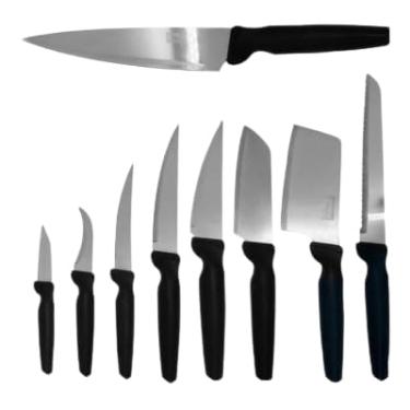 Imagem de Conjunto de 9 Facas de Cozinha Profissionais em Aço Inoxidável com Cabo Preto