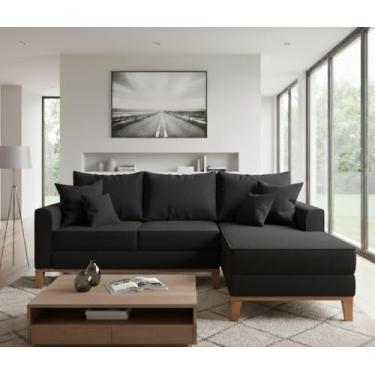 Imagem de Sofá Beny com Chaise Direita, 2,20x1,40m, 3 Lugares, Linho, Base em Madeira. (Preto)