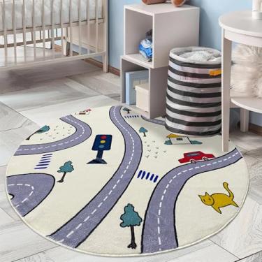 Imagem de USTIDE Tapetes redondos, 1,2 m, trânsito, crianças, área de jogos, lavável, educativo e divertido com carros e árvores, antiderrapante, para berçário, sala de estar, quarto, sala de aula