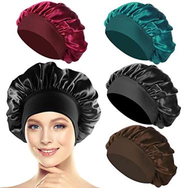 Imagem de 4 peças de gorro de cetim de seda para dormir, touca de cabelo de seda para mulheres dormindo com faixa elástica larga, gorro de cetim macio para dormir à noite (preto, vinho, azul pavão, café)
