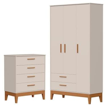 Imagem de Jogo De Quarto Infantil Flip Guarda Roupa 3 Portas E Cômoda 4 Gavetas Areia Fosco - Reller Móveis Areia Fosco