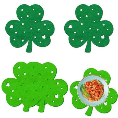 Imagem de Jogo americano de Dia de São Patrício, conjunto com 4, jogo americano Lucky Green Shamrock vazado, trevo de feltro, resistente ao calor, para decoração de mesa de jantar e festa irlandesa