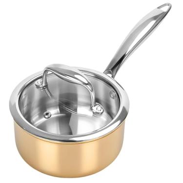 Imagem de Macevia Panela de molho com tampa de vidro, panela de aço inoxidável 18/10 com alça para ficar fresca, para todos os fogões, uso multiuso para cozinha doméstica ou restaurante (1 litro) - ouro rosa