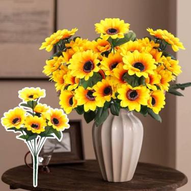 Imagem de Buquê de girassol artificial, flores amarelas falsas de girassol de seda resistente a UV, ideal para decoração interna e externa em casa, cozinha e jardim