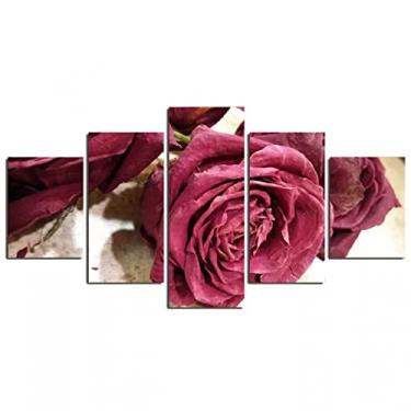 Imagem de CNBPIC Pintura em Tela 5 Painéis Rosas Românticas Quadro Impresso Arte de Parede Casa decoração Flores