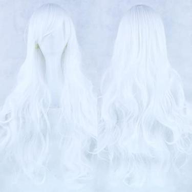 Imagem de IMISSU Peruca cosplay de cabelo natural cacheado longo com franjas coloridas fantasia de Halloween perucas de festa (Branco puro)