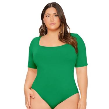 Imagem de OYOANGLE Body feminino plus size básico de manga curta com gola redonda, Verde liso, 3G Plus Size