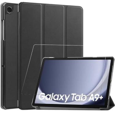 Imagem de Capa para Samsung Galaxy Tab A9 Plus 11 polegadas (SM-X210/X216/X218) com protetor de tela de vidro temperado, suporte em três dobras, visualização em vários ângulos, capa inteligente