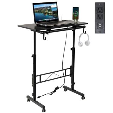 Imagem de SIDUCAL Mesa de pé ajustável em altura com mesa inclinável, mesa de laptop com estação de carregamento, mesa de suporte portátil com rodas, preta